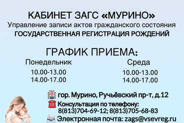 График работы кабинета ЗАГС «МУРИНО» (государственная регистрация рождения любой жизненной ситуации)