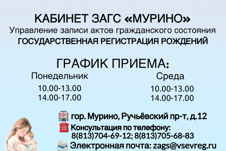 График работы кабинета ЗАГС «МУРИНО» (государственная регистрация рождения любой жизненной ситуации)